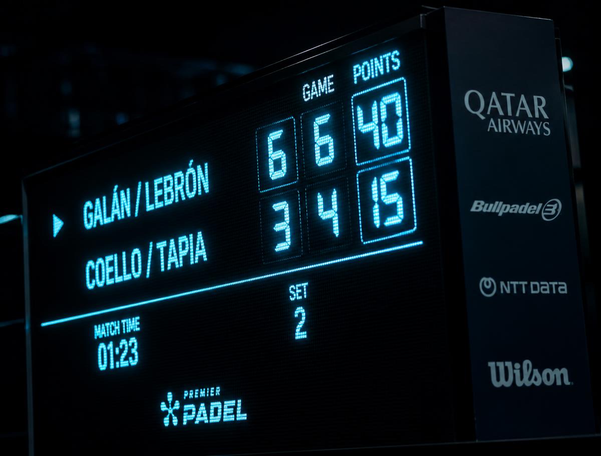RLXP Media scoreboard and sponsor display beside a padel court